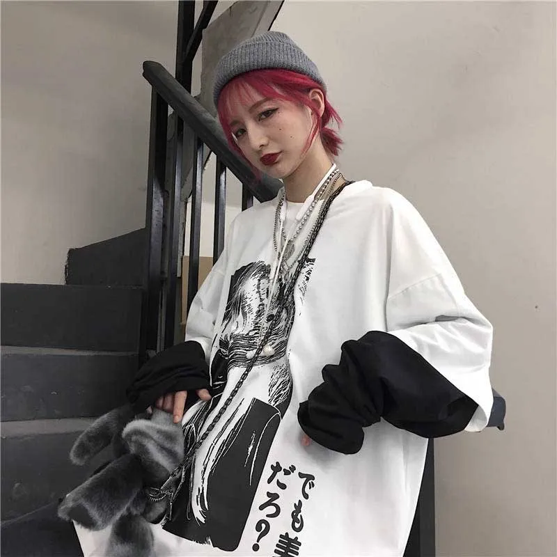 NiceMix Harajuku футболка женская поддельная 2 шт. принт японский Fujiang Ужасы комиксы длинный рукав рубашка Женская Vetement Femme