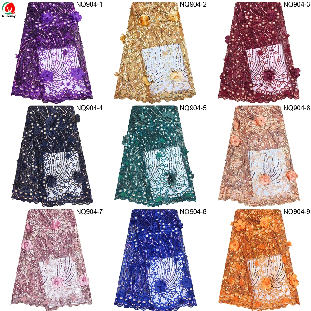 

NQ904 Fast shipping-shining Tulle Lace Italy Nigeria star design Net Lace with sequins and 3D applique for show and wedding