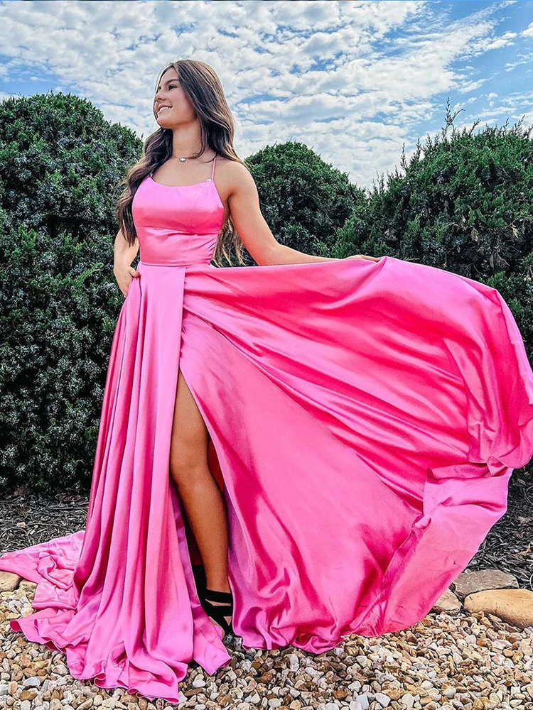 

A-Line Hot Pink Prom Dress Side Split Evening Dress Sleeveless O-Neck A-LINE Formal Party Dress 2022