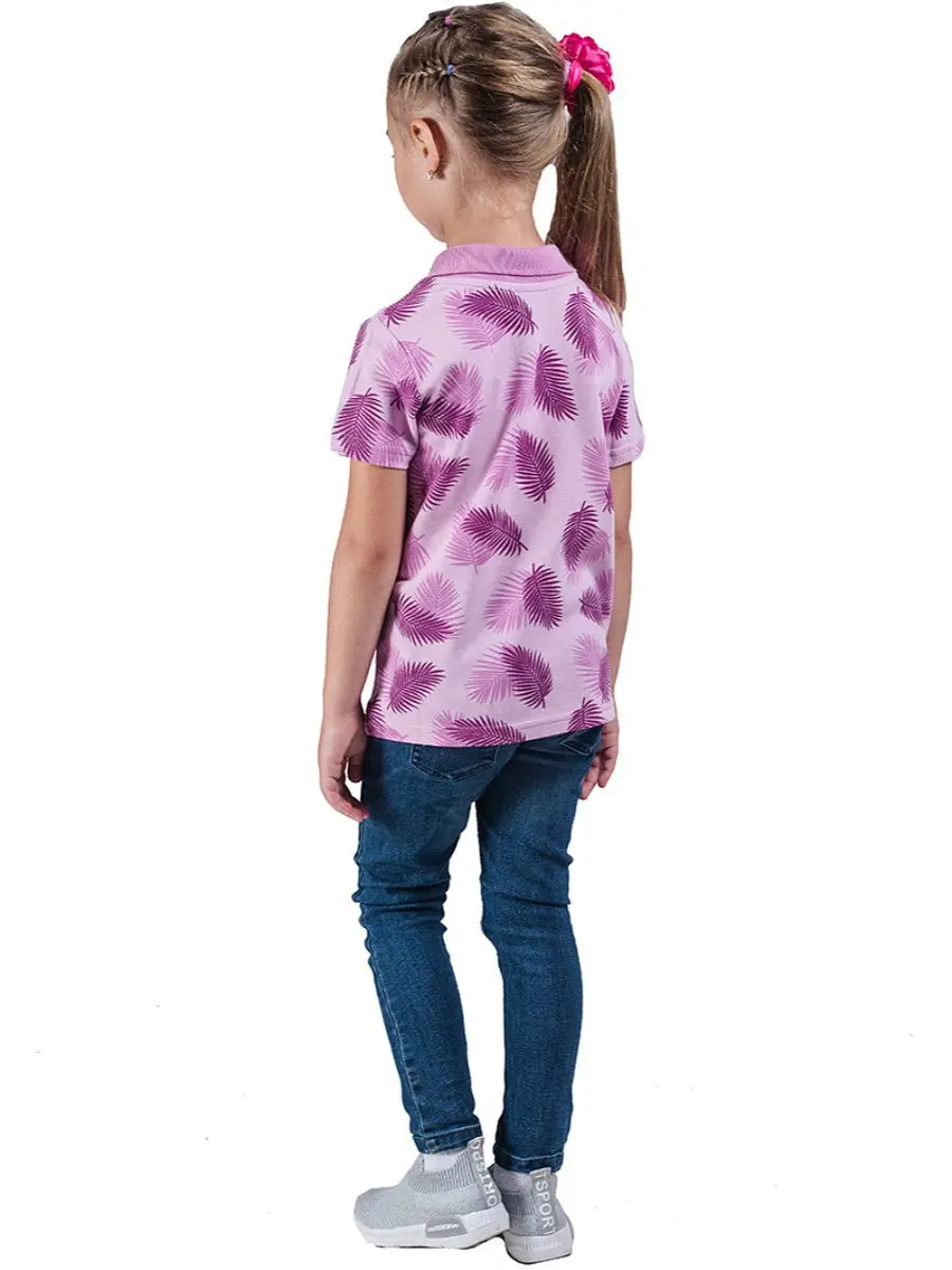 Футболка поло д/девочки Листья фиолетовый Пике 190 гр./кв.м. набивной|Тройники| |