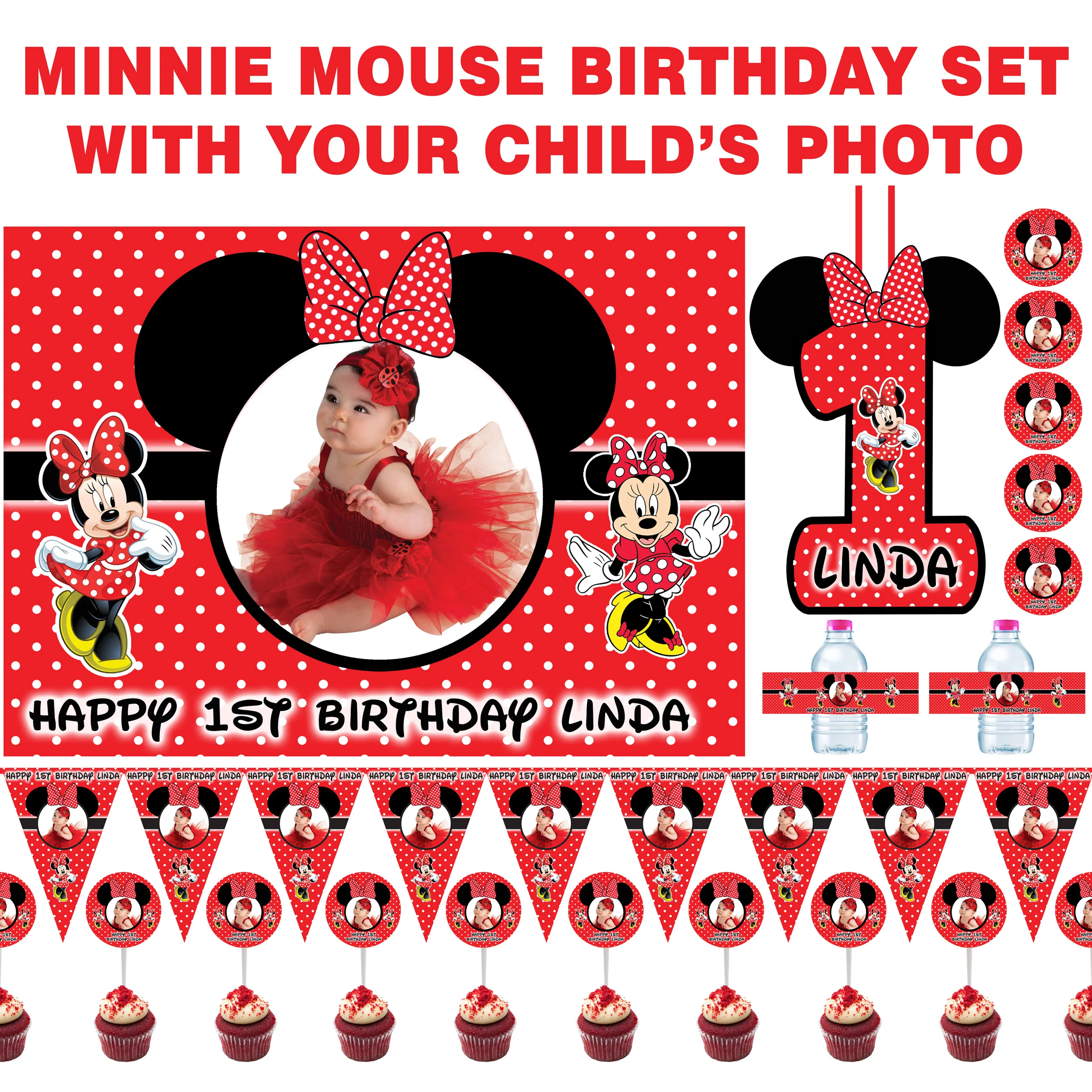 

Personalized Red Minnie Mouse Birthday Set photo background, banner, water bottle labels, cupcake toppers, stickers