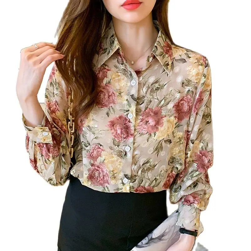 

female chiffon shirt embroidery flounced Liberty flower print puff sleeve
