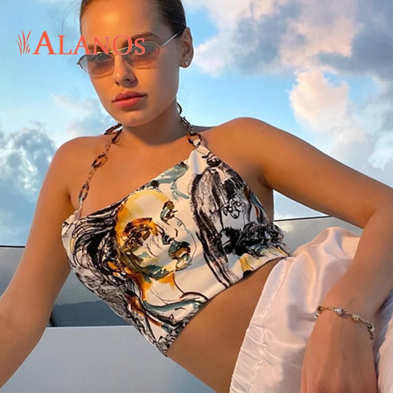 

ALANOS Art Print Strapless Sexy Crop Top Tank Tops Vacation Fashion Y2K Chain Design Camis Camisole 2022 Summer Women's Clothing
