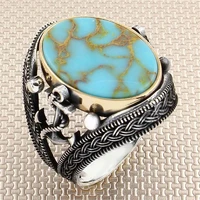 sailor real pure 925 sterling silver ring men with stone turquoise gemstone gift for him mens rings handmade turkish jewelry