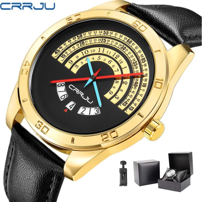 

CRRJU 2140 Men's Quartz Wristwatches Top Brand Luxury Sports Leather Simplicity Calendar Clock Waterproof Wrist Watch