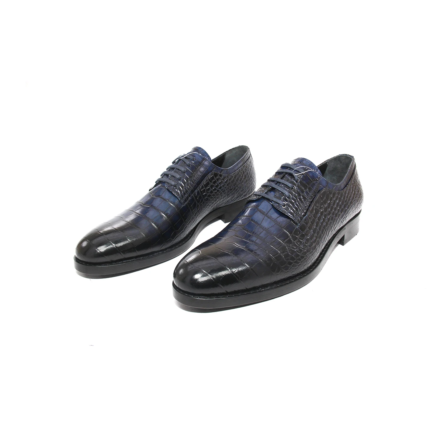 

Handmade Croco Derby Shoes with Dark Blue Crocodile Skin Patterned Calf Leather, Premium Microlight Soles, New Spring 2021