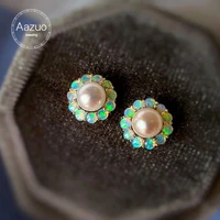 aazuo real natural opal akoya 18k pure yellow gold round stud earring gifted for womangirls wedding engagement party au750