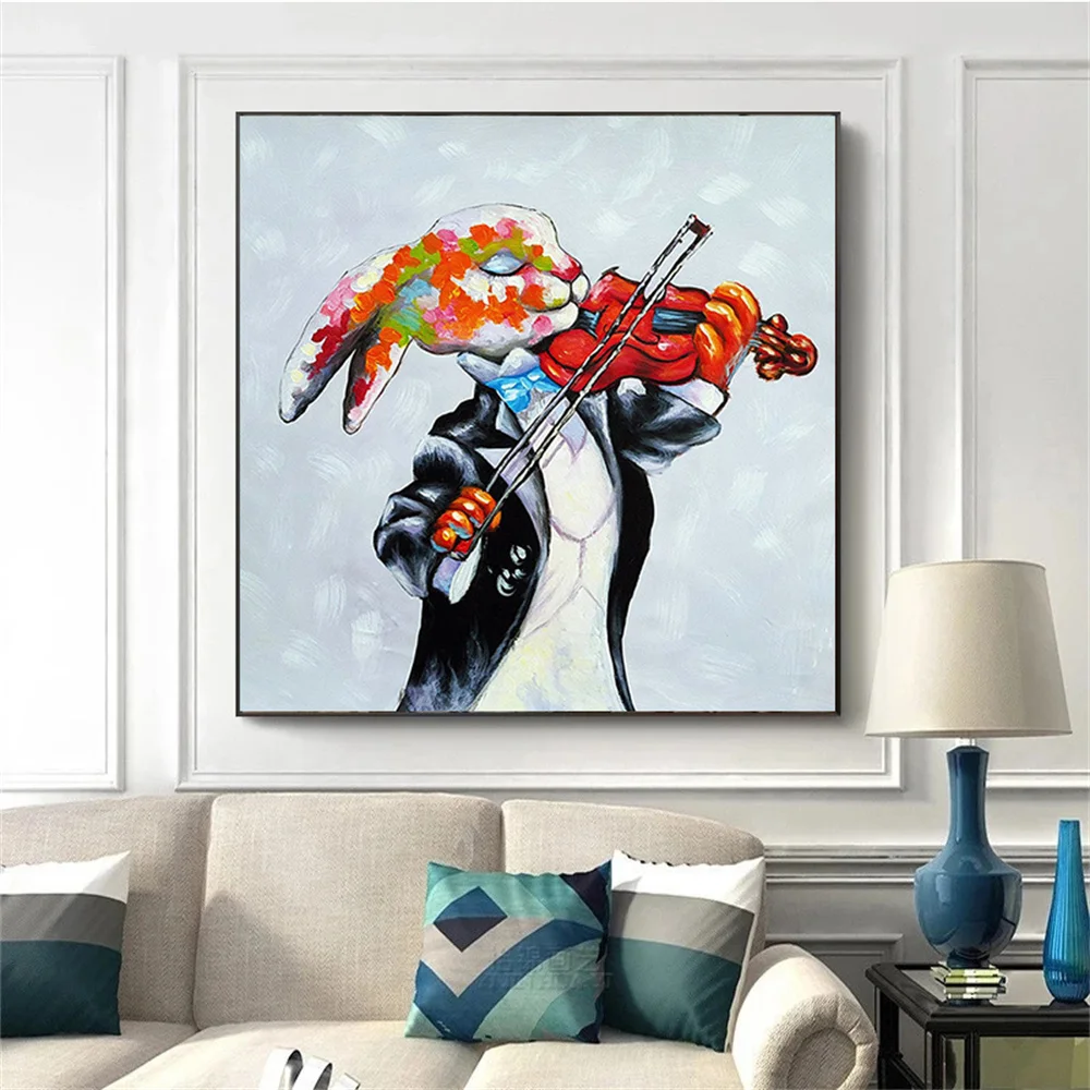 

Rabbit playing the violin Graffiti Art Canvas Painting Pop Street Posters and Prints Wall Art Animal Paintings for Home Decor