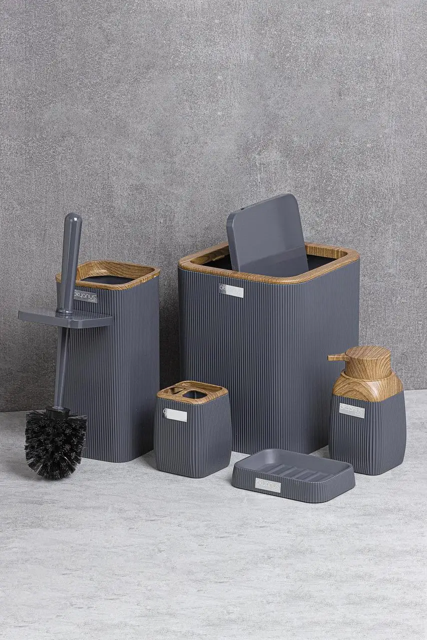 oceanland wooden patterned striped hard plastic 5 piece bathroom set toothbrush holder soap dispenser toilet brush dustbin free global shipping