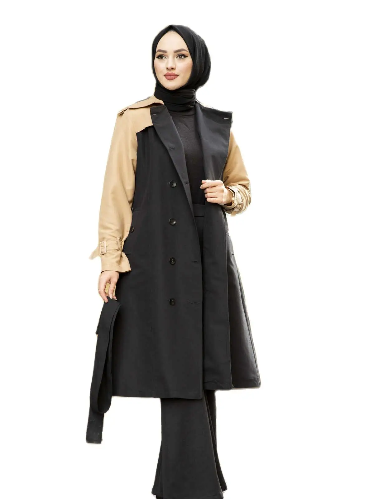 

Turkiye Store Autumn-Winter Two-Color Lady Trench Coat Muslim Islamic Clothing Double Breasted Collar Long Boyadan Down Button