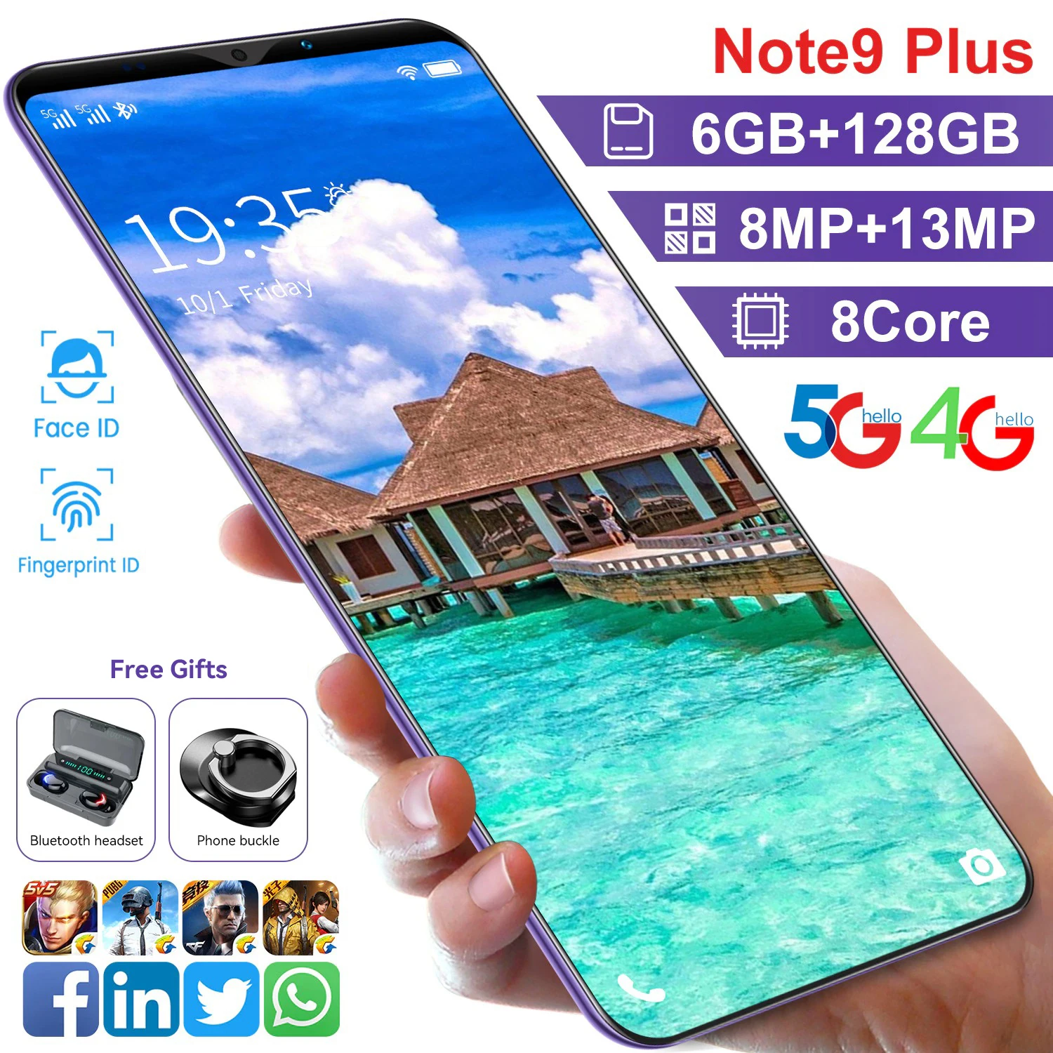 

Free Shipping Note9 Plus 6GB+128GB 8MP+13MP 5.8inch 4800mAh Battery Smartphones Android 10.0 5G 8 Core Telephone Face ID