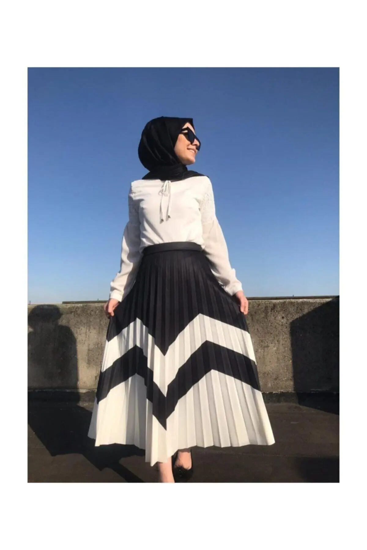 

Women's Black White Zigzag Pattern Pleated Long Skirt & Casual Skirt Long Skirt Muslim Skirt Colorful Skirt Elastic