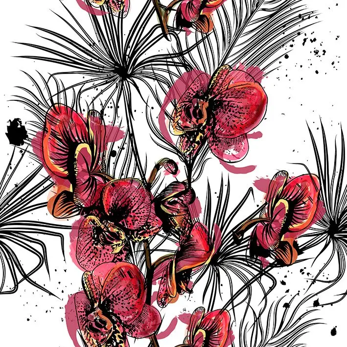 

Curtain Orchid Flowers and Tropical Palm Leaves Branches Watercolor Style Artwork Red Black