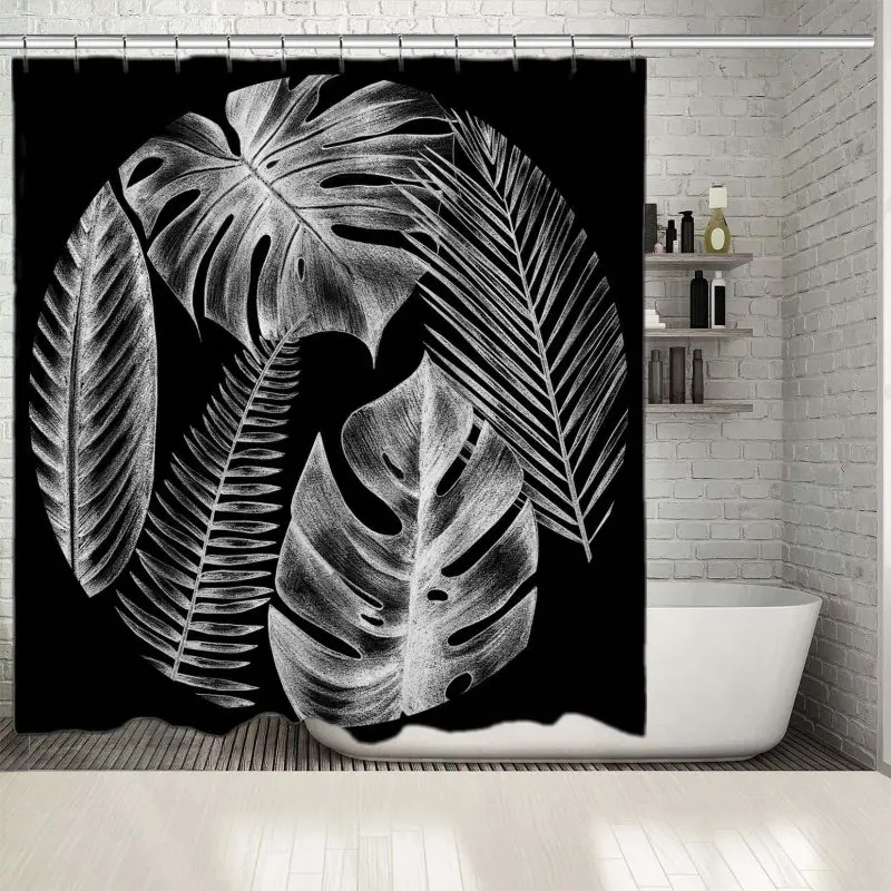 

Shower Curtain Tropical Palm Leaves in Circle Pencil Drawing Sketch Modern Artwork on Dark Background Black Gray