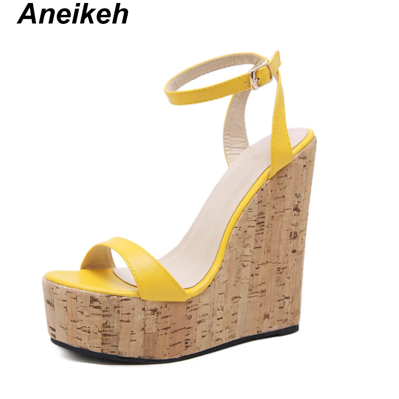 yellow Aneikeh/Модная обувь; женские босоножки на танкетке с открытым носком; сандалии-гладиаторы с вырезами на очень высоком каблуке с ремешком на щиколотке; Летняя обувь на каблуке - Цвет: yellow