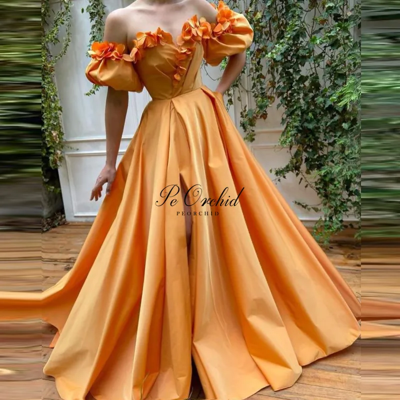 

PEORCHID Floral Flowers Orange Prom Dresses Long Slit Sexy A Line Satin Puffy Short Sleeves Elegant Formal Women Evening Gowns