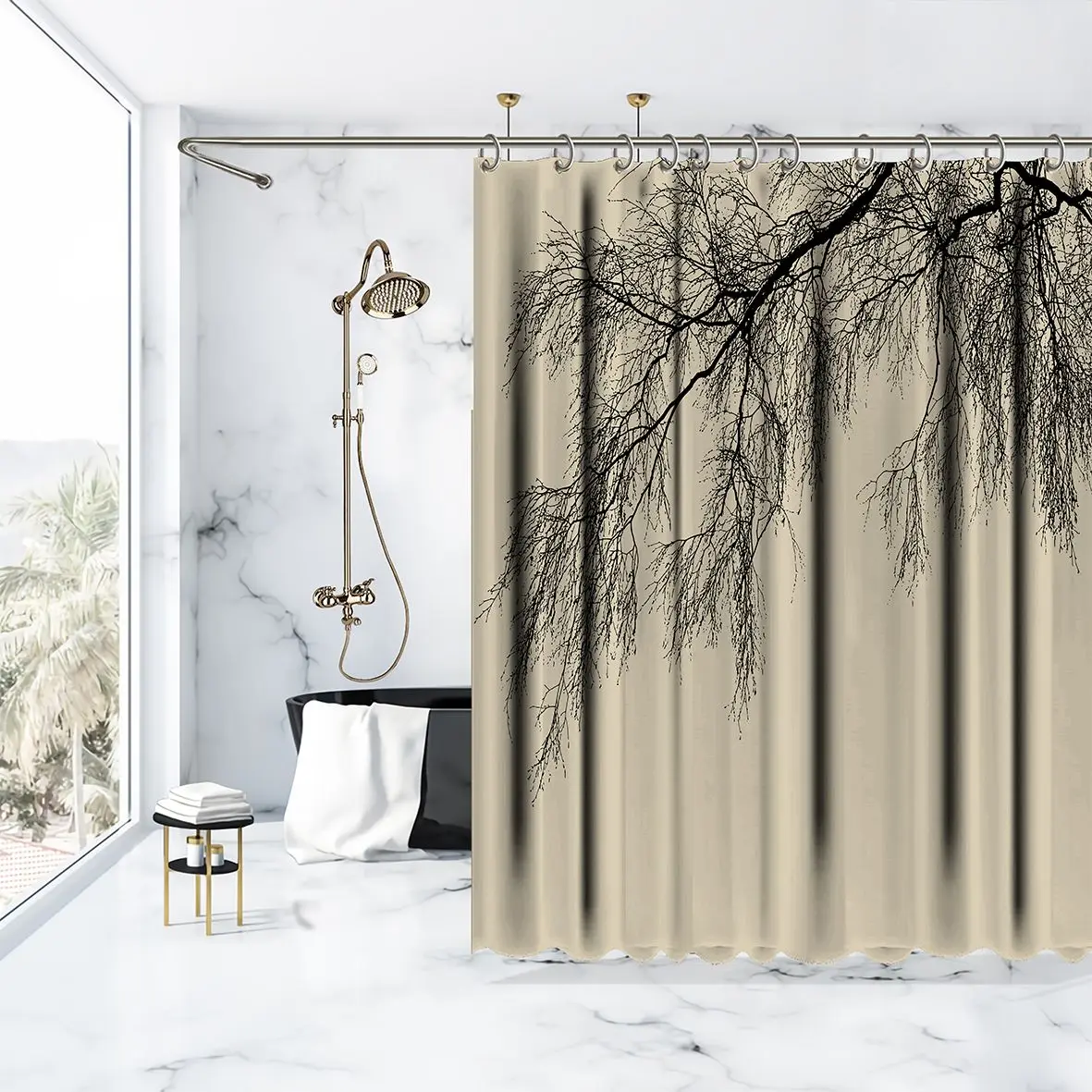 Занавеска для душа Высокая береза старые ветви силуэт лес природа бежевый и