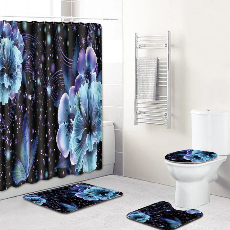 4pcs/set Flower Print Shower Curtain Bath Mat Waterproof Polyester Bathroom Fabric Pedestal Rug Lid Toilet Cover Pad Hook | Дом и сад