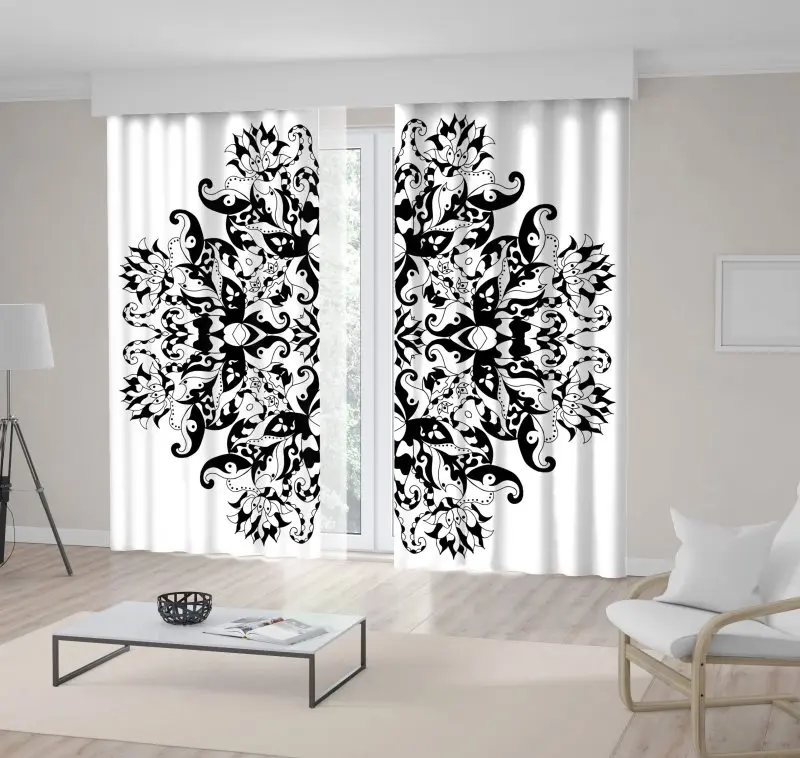 

Curtain Mandala Ethnic Round Ornament Traditional with Oriental Motif Tribal Artwork Printed White Black