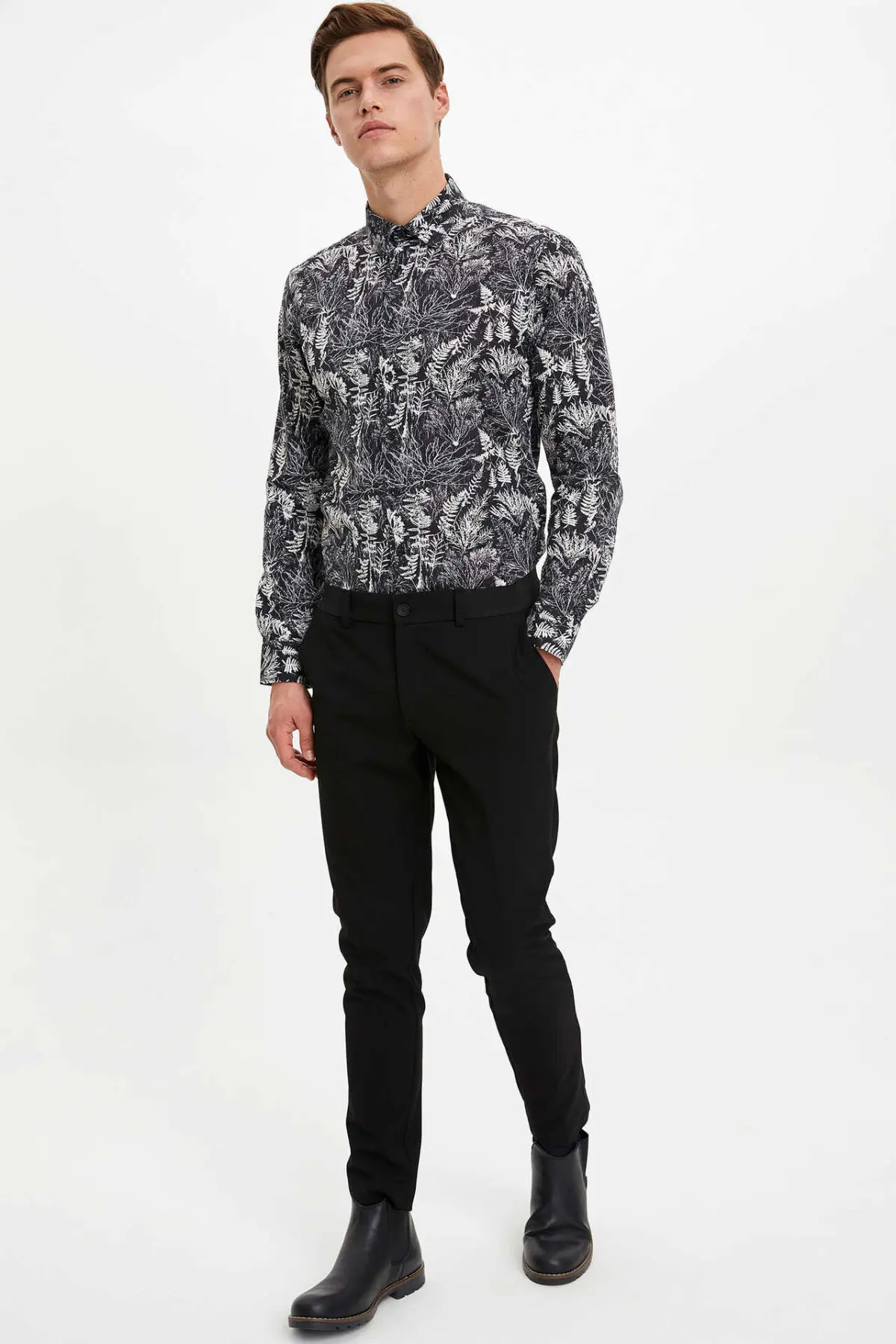 Дефакто формальная модная мужская рубашка с длинным рукавом осенняя отворотом