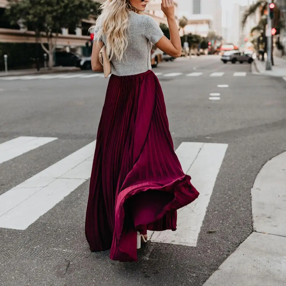 Модная длинная Плиссированная юбка тянущаяся высокая талия ropa mujer одноцветная