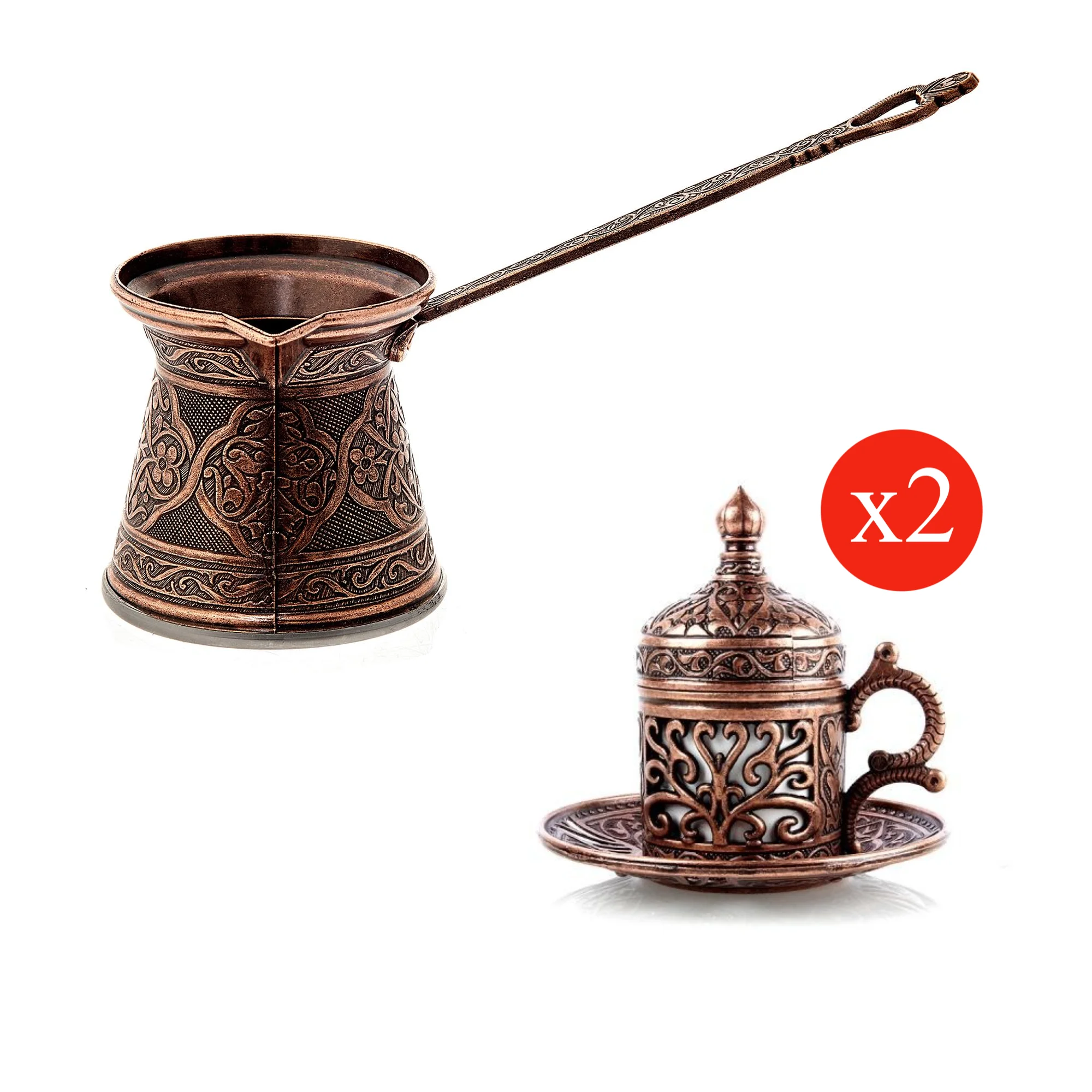 Turkish Coffee Pot 200 ML With Coffee Cup x2 Coffee Maker Moka Pot турка для кофе Copper Cezve Handmade Casting Decorative Gift