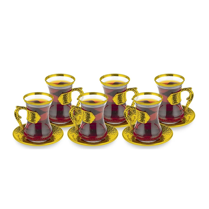 

Set Of 6 Tea Glasses with Cup Holders and Glass Saucers Gold Silver Arabic Turkish Greek Tea Authentic New Home Wedding Gift