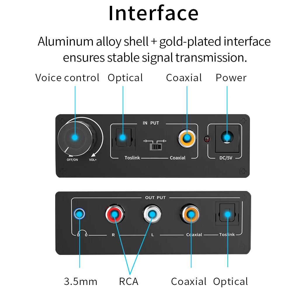 

AC3 192kHz HiFi Audio-Decoder DAC With Volume Control Optical Coaxial RCA 3.5mm Digital to Analog Audio Converter Adapter DA500