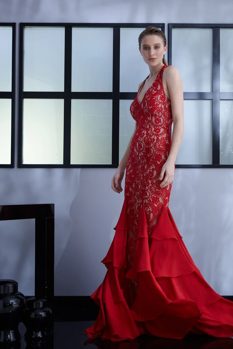 Красное Кружевное платье макси без рукавов rufles Вечерние платья Русалка расшитое