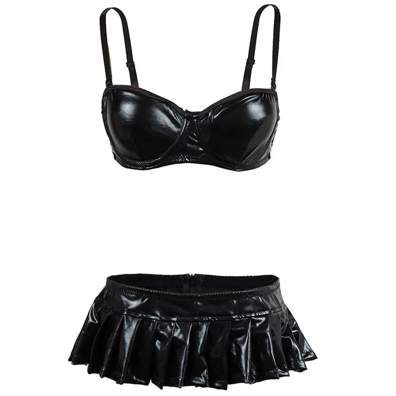 

Faux Leather Bra Lingerie Set Women Erotic Underwear Fetish Vinyl Lingerie Femme Bikini Bra with Skirts Underwear