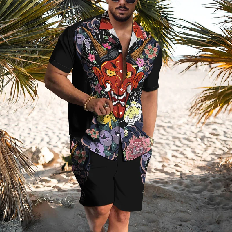 

Japanese Harajuku Style Summer 3d Printing Male T-shirt Shorts Suit Man Sportswear Lapel Shirt Short-sleeved Men's Clothing
