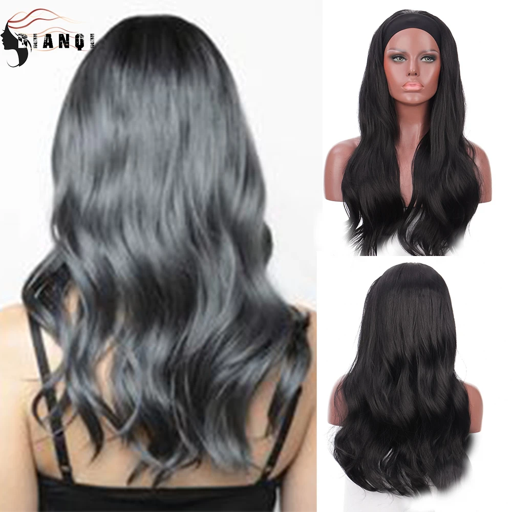 

DIANQI Synthetic Fiber Long Wavy Headband Hair Wig Black&Brown 24 Inch for Woman Party Daily Use Scarf Wigs