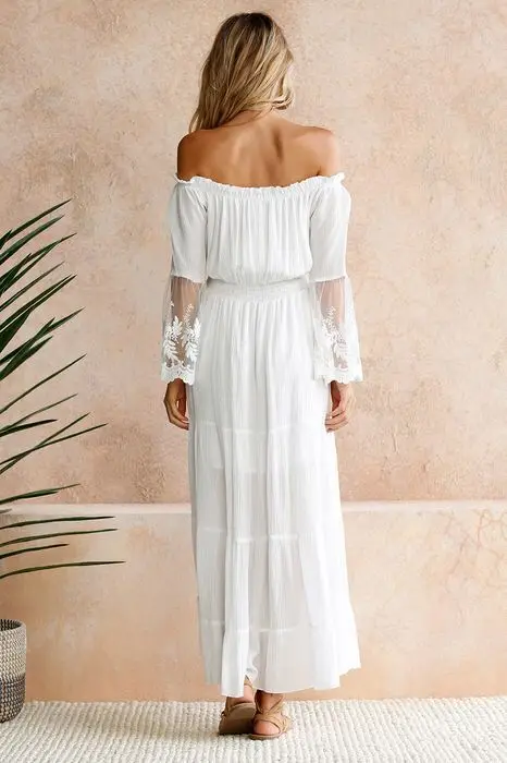 

Strapless Lace Chiffon Dresses Women Off Shoulder Big Hem Pleated Dress Ladies Slash Neck Long Sleeve Maxi Dress Bohemian Dress