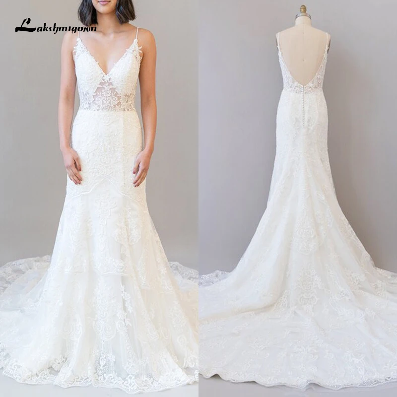 

Изысканное кружевное свадебное платье с V-образным вырезом на бретелях-спагетти с низкой спиной и пуговицами аппликации свадебное платье Р...