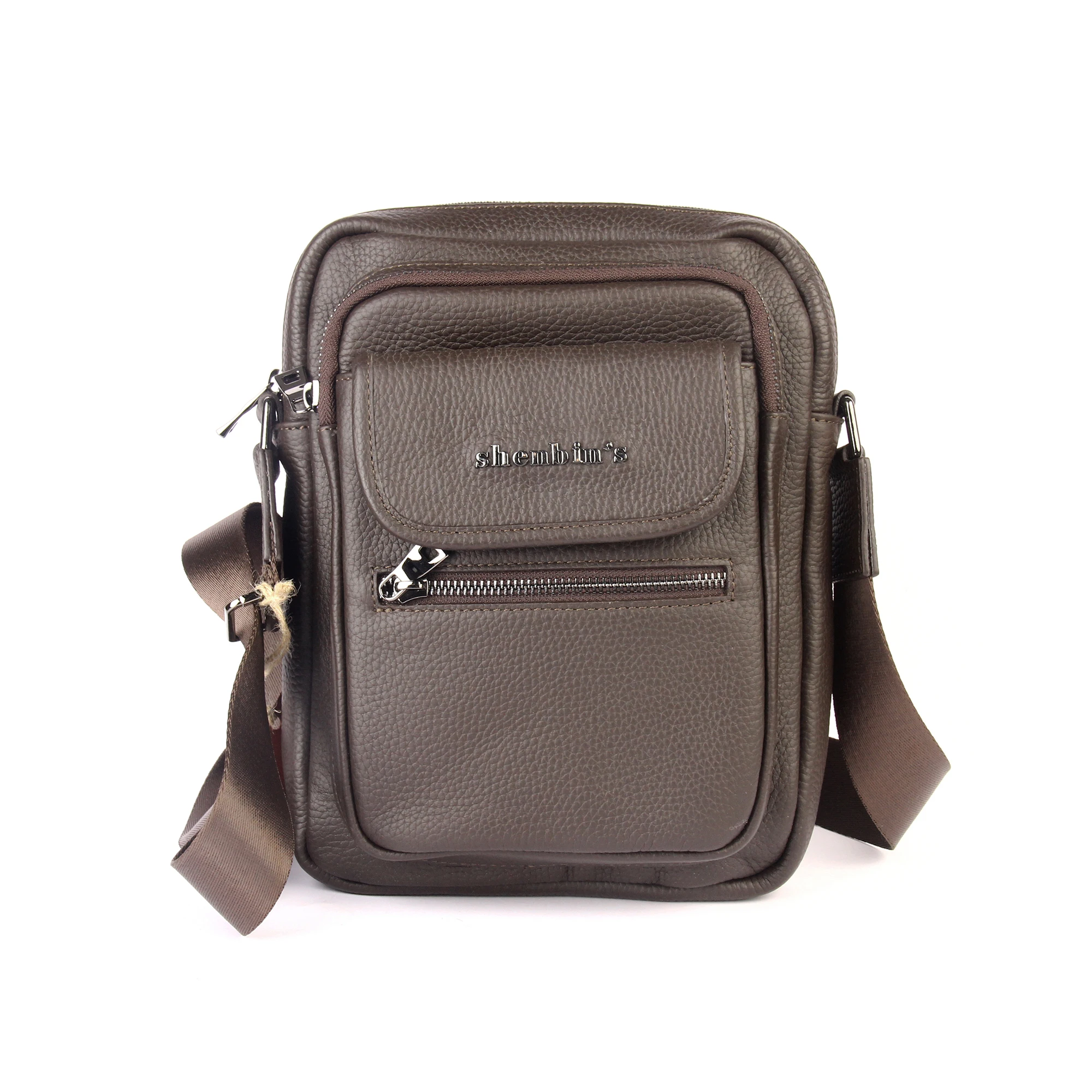 Men's Brown Shoulder Bag with Zippers, Genuine Calf Leather, Multi Pocket, Small Size 28x20 cm, New Arrival, Tablet Ipad