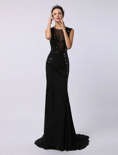 Black Sequined Dress with Look Through Bodice Keyhole Back and subtle Train mermaid Evening Dress 2020