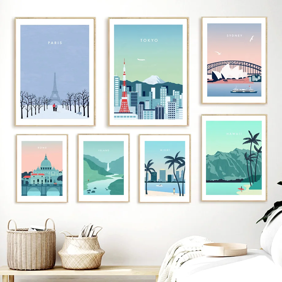 

Wall Art Canvas Paris London Sydney Miami Bali Hawaii Illustrator Nordic Posters And Prints Wall Pictures For Living Room Decor