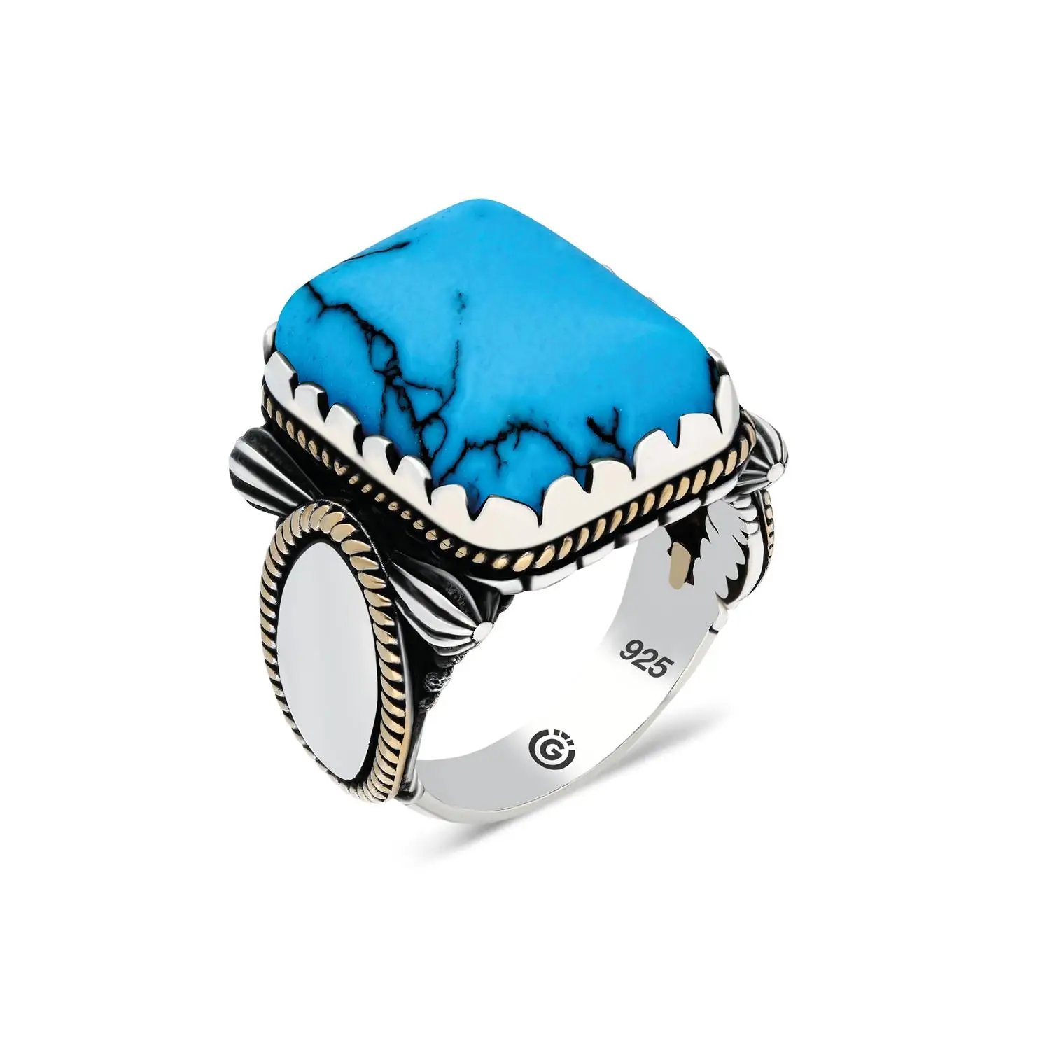 

Solid 925 Sterling Silver Ring with Raw Square Blue Turquoise Gemstone and Vintage Style Made in Turkey Gift for Men