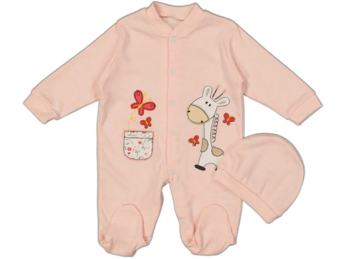 

Jaju Baby Giraffe Pattern Embroidered Salmon Color Baby Rompers with Hat