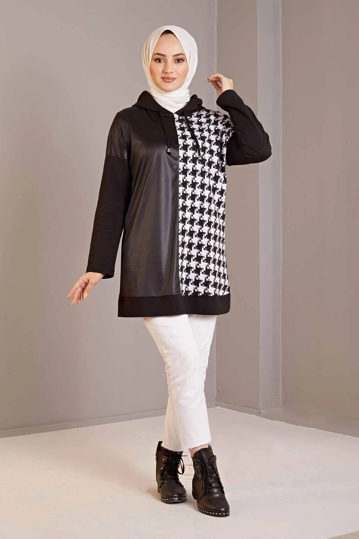 Leather Look Crowbar Pattern Sweat Summer Spring 2021 ladies muslim clothes for woman casual long sleeve