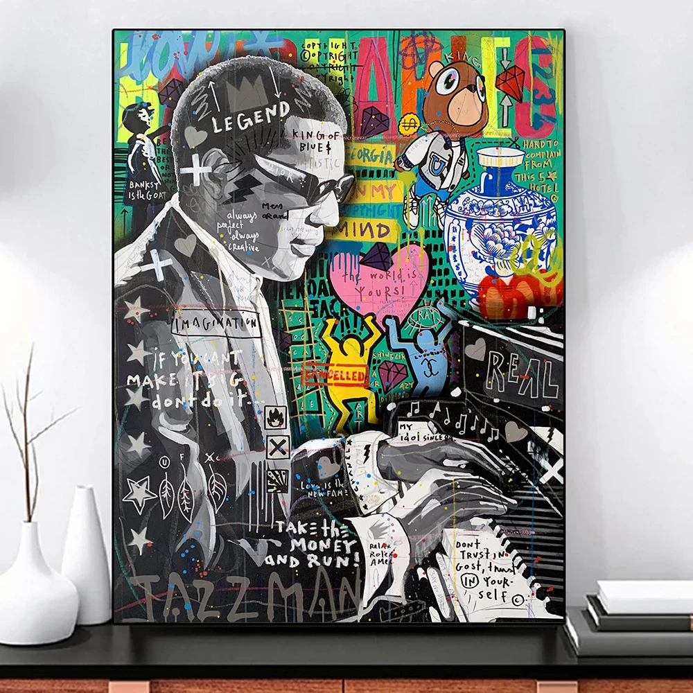 

Poster and Prints Graffiti Street Art Ray Charles Plays the Piano Canvas Painting Pop Art Wall Picture Living Room Home Decor