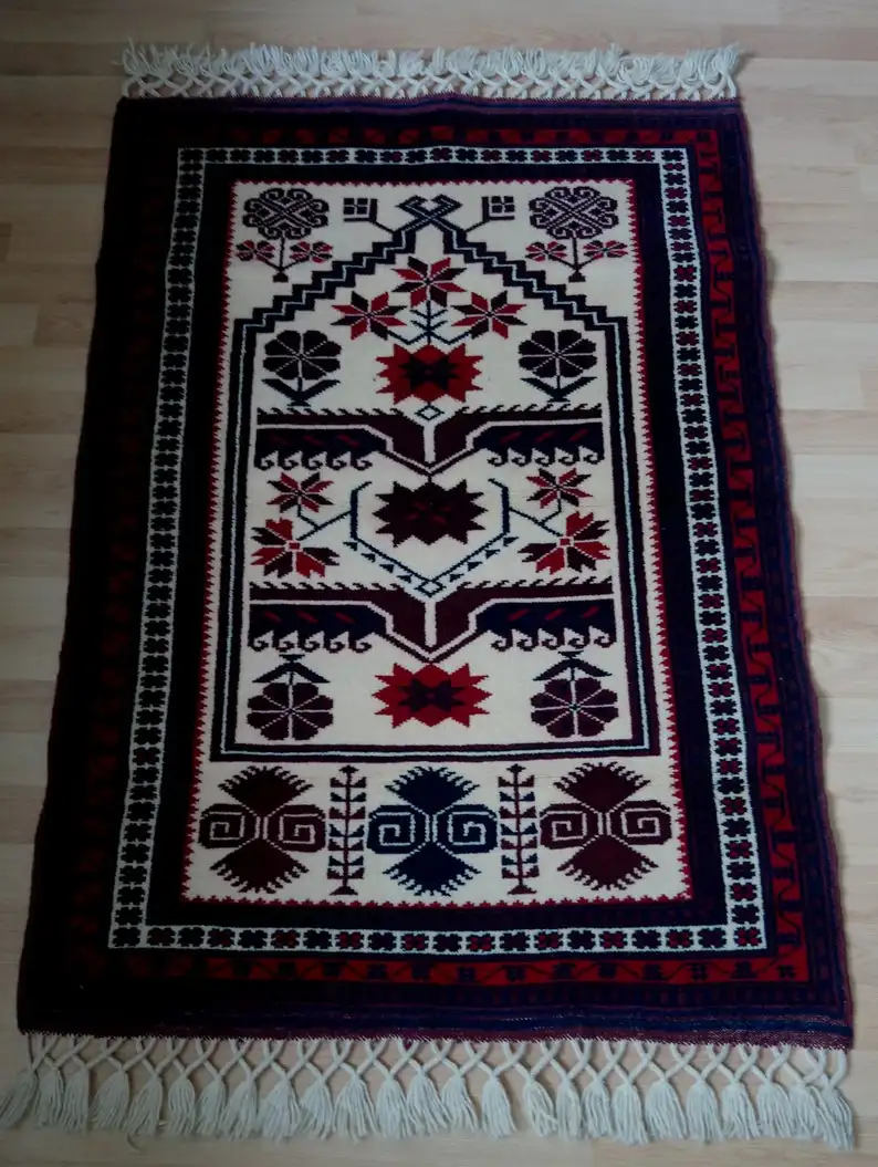 

Turkish Handmade Wool Rug, Anatolian Hand knotted Claret Red and Navy Blue Small Rug, Oriental Handwoven Carpet, Yagcibedir Rug