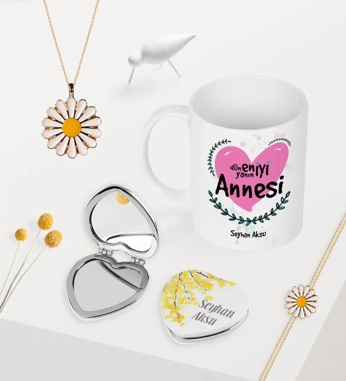 

Personalized World Best Mother Mug Heart Mirror Daisy Necklace Bracelet Seti-11