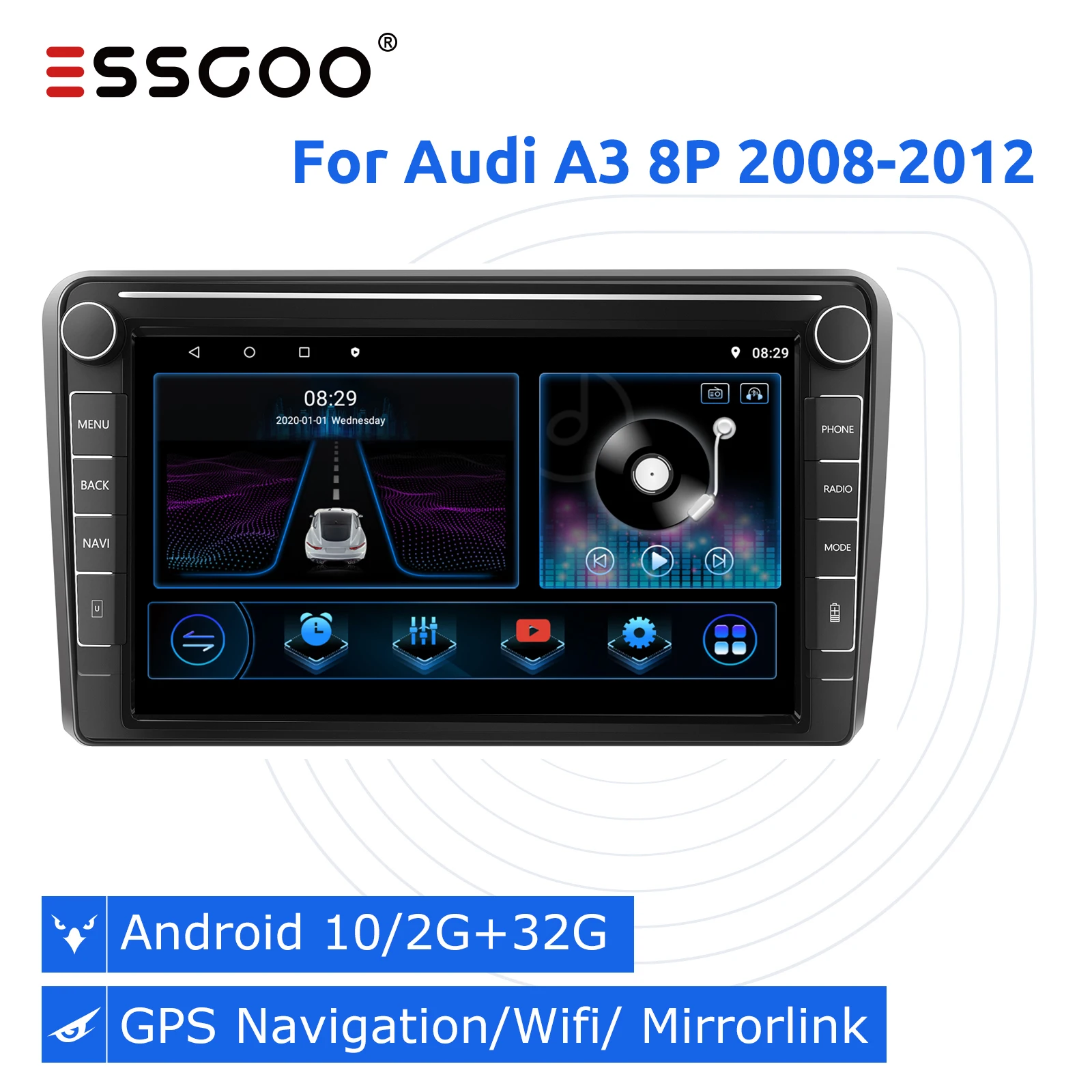 

Автомагнитола ESSGOO 2 din, 2 + 32 ГБ, Android 10, Bluetooth, для Audi A3 8P 2008-2012