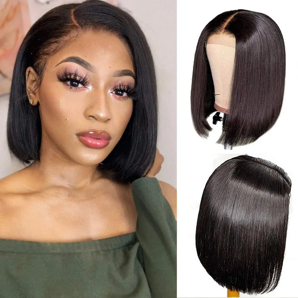 Natural Black Short Bob Wigs 13x6 Free Part Lace Front Human Hair Wig Straight Glueless Middle Part Blunt Cut Bob With Baby Hair