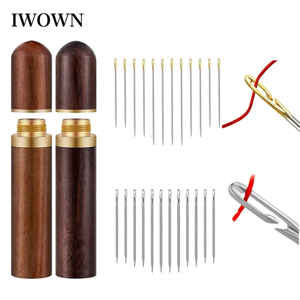 

12pcs Self Threading Needles with Round Wooden Needle Case DIY Crafts Sewing Needle Tubes Storage Case Embroidery Sewing Tools