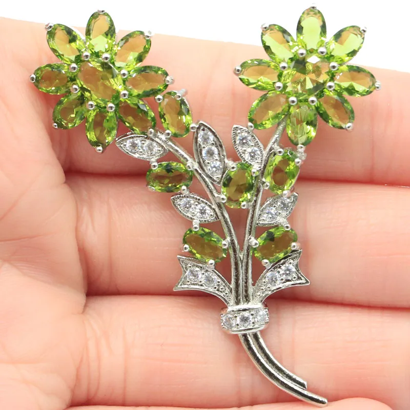 

59x43mm Delicate Fine Cut Flowers Shape Green Peridot For Women Wedding Dating Silver Pendant