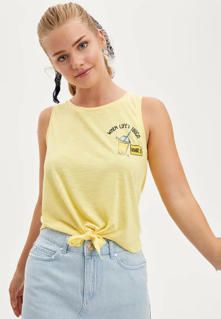 DeFacto женские летние светло желтые футболки повседневные без рукавов с бантом T Shirt
