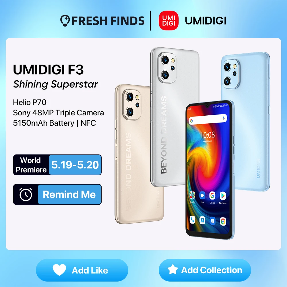 [World Premiere] UMIDIGI F3 Android 11 Smartphone Helio P70 8GB 128GB NFC 6.7" Display 48MP AI Triple Camare 5150mAh Battery