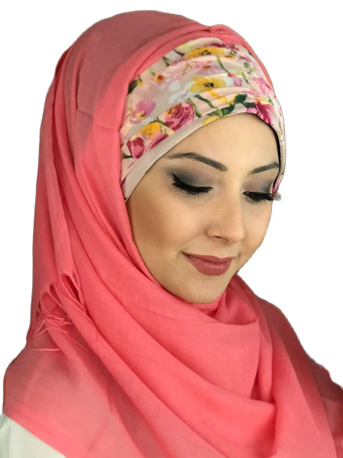 

New Fashion 2021 Islamic Headscarf Turban Woman's Hat Spring Summer Scarf Bonnet Coral Color Floral Shirring Ready Made Shawl